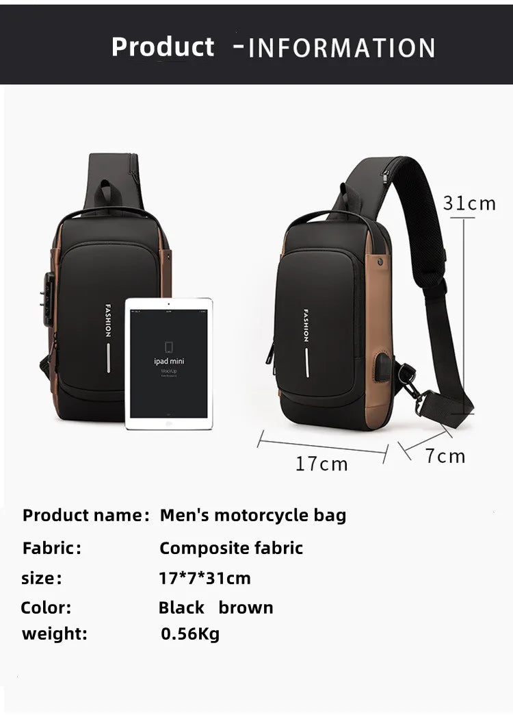 Bolsa de peito impermeável para homens, bolsa de ombro USB, antiroubo, viagem, pacote de estilingue do mensageiro, designer de luxo de moda